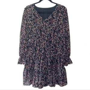 Women's Medium Skater Dress Black Floral Semi Sheer Tiered V Neck Fairy Grunge